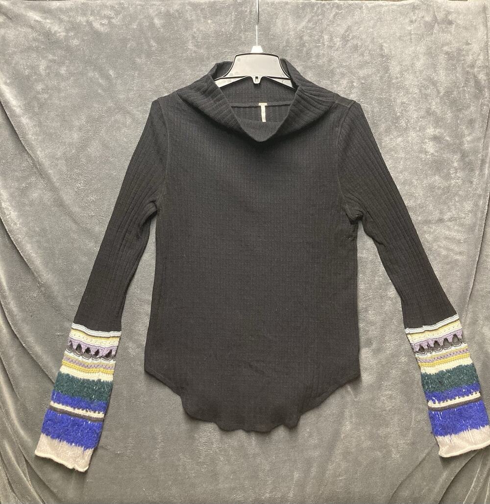 Free People Mixed-Up Cuff Crochet Thermal Sweater Top Rib Black Combo Boho 90s L